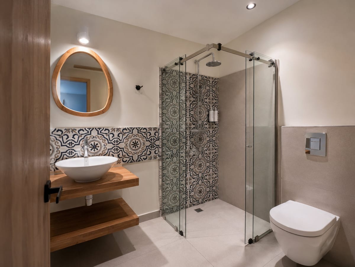 A balcony room bathroom with an arched mirror, a vessel basin on an oak shelf, a band of majolica and a corner rain shower behind glass