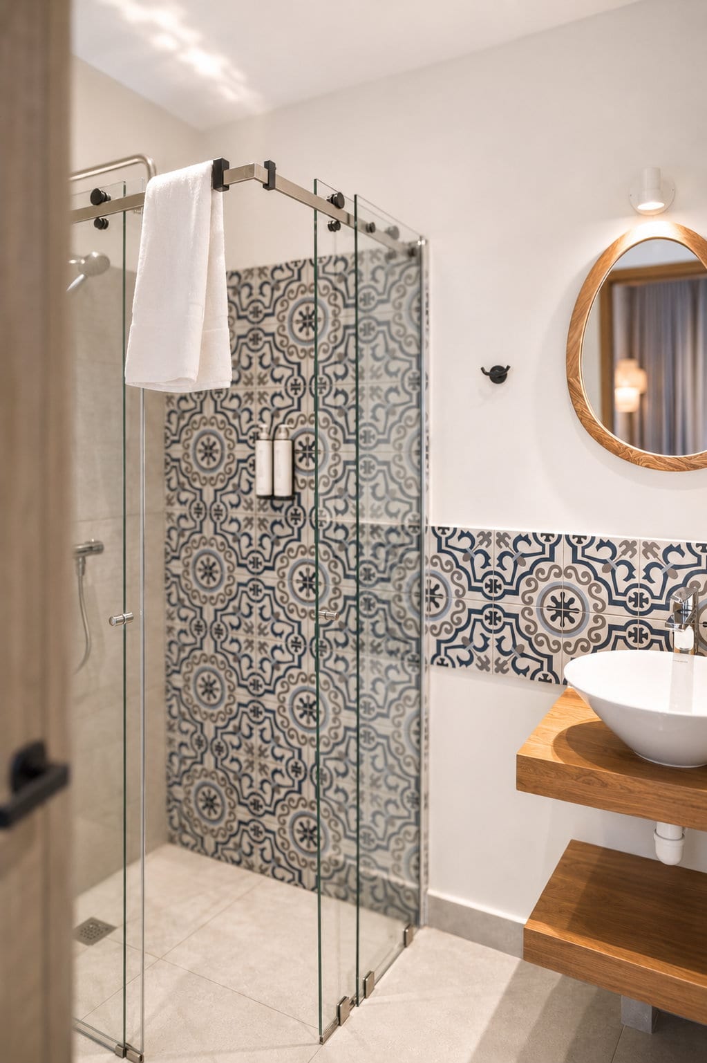 A glass walk in shower against a wall of patterned majolica, a towel on the rail and an arched mirror over the basin
