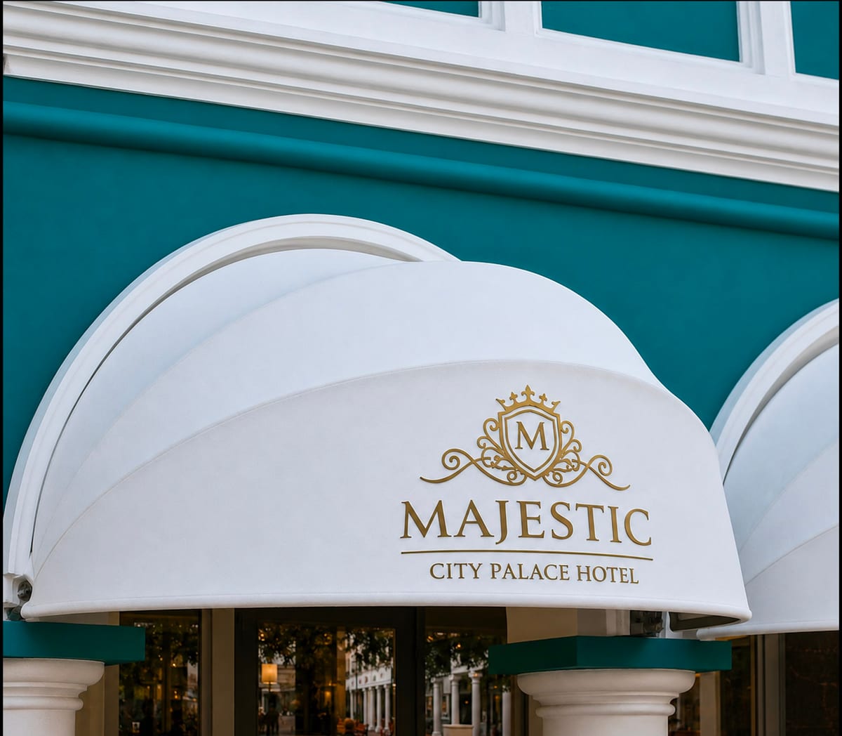 The hotel's white awning on Breedestraat, lettered Majestic City Palace Hotel beneath its gold crest