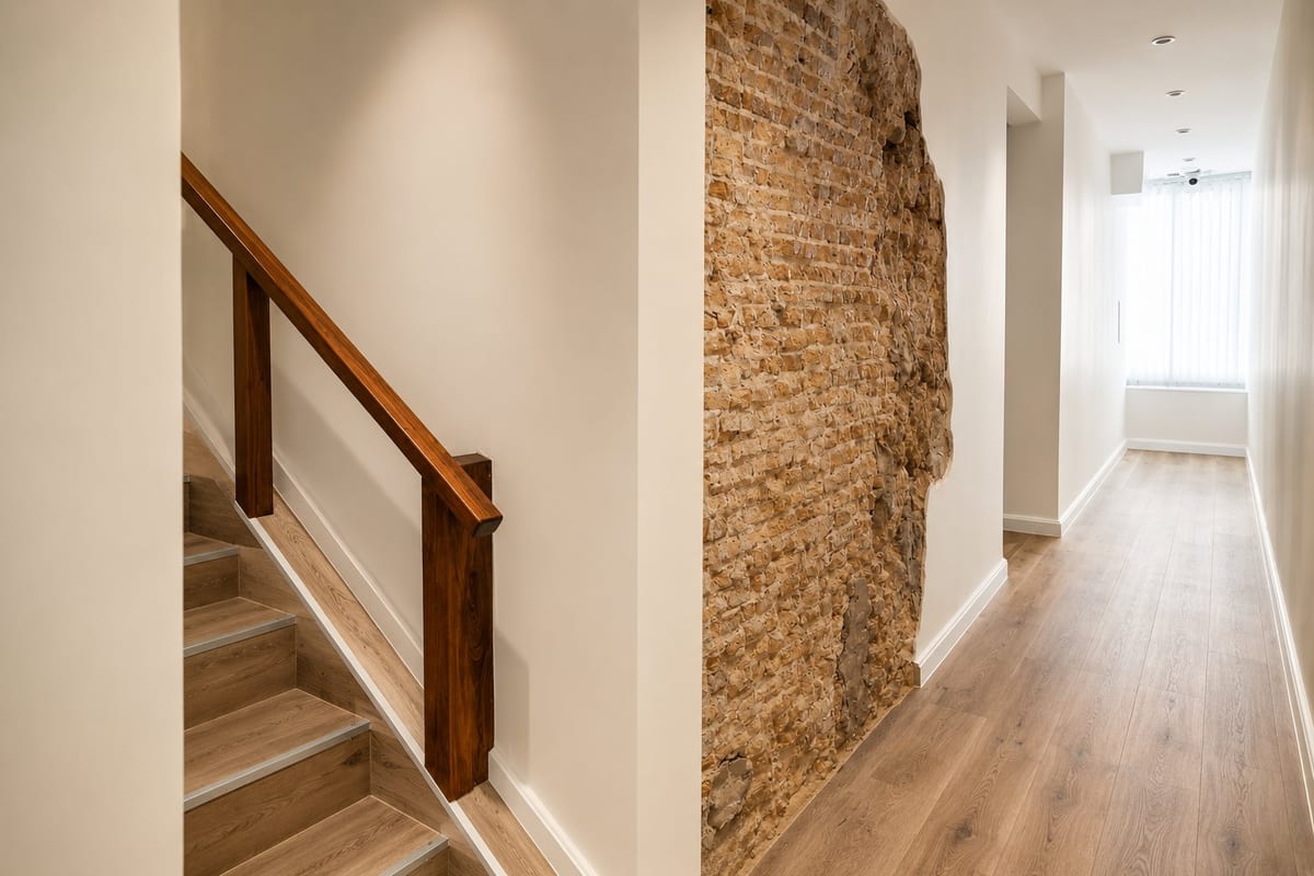 A corridor of the house with a panel of the original 1892 rubble stone wall left exposed beside a guest room door