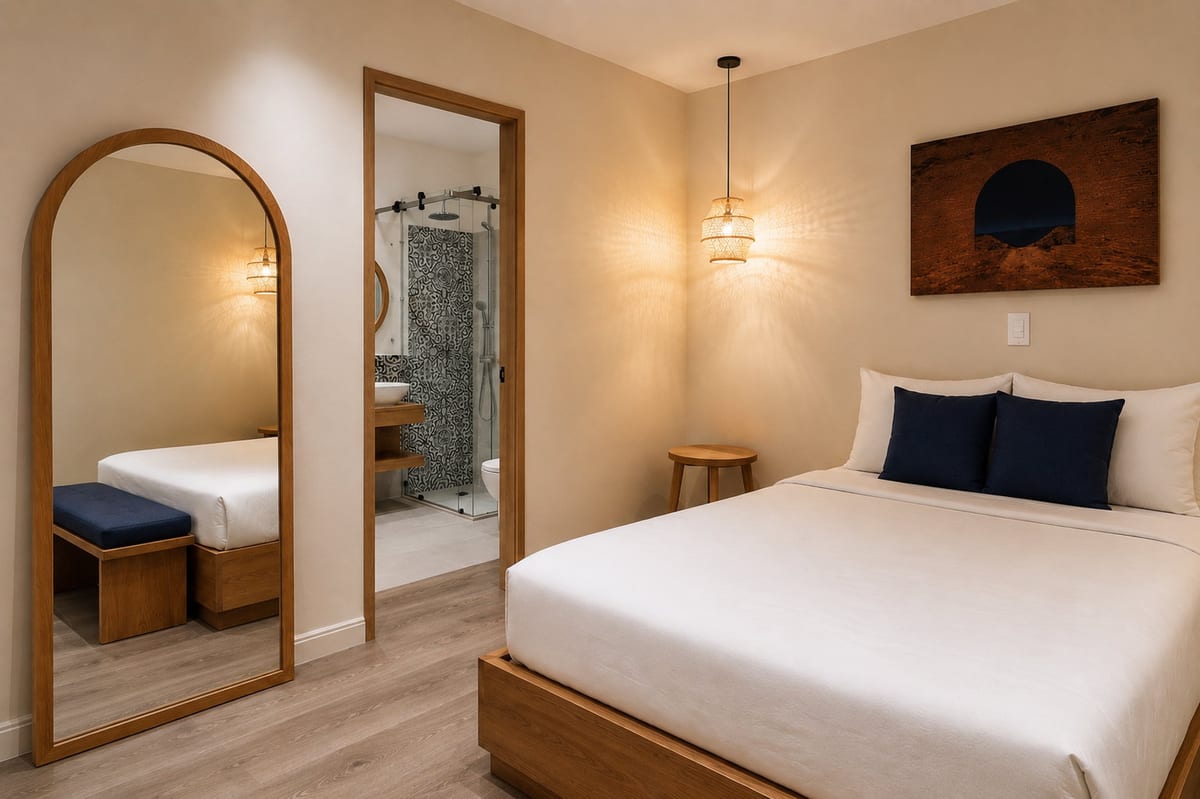 A full height arched mirror beside the open bathroom door, with the king bed, a rattan pendant and navy cushions across the room