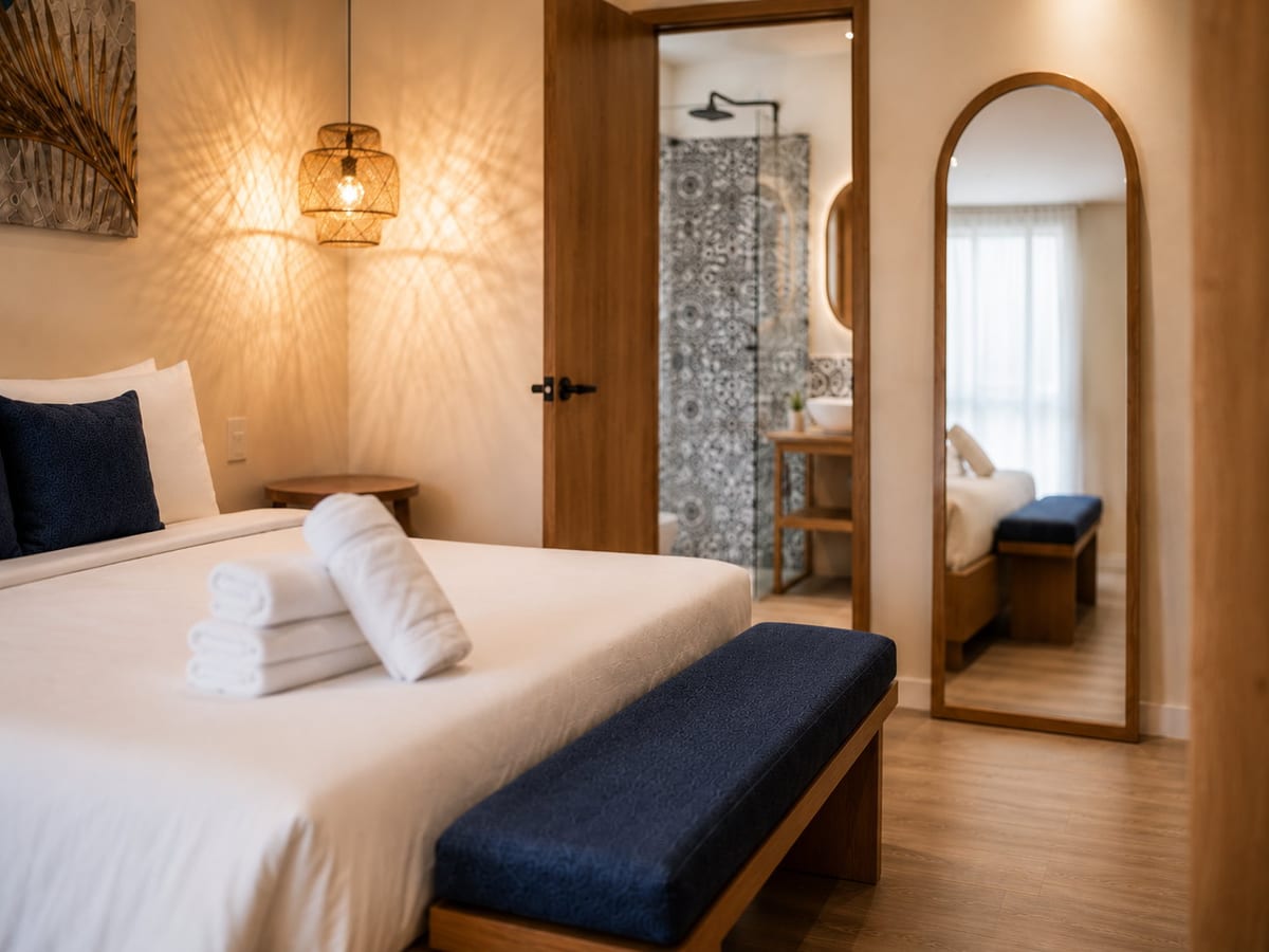 Warm evening light on the bed and bench, with the majolica shower and basin framed by the open bathroom door