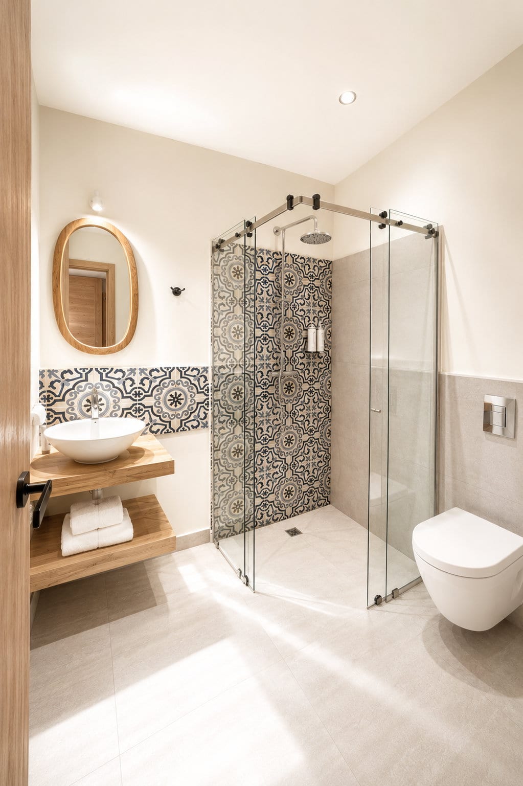 A vessel basin on an oak shelf under an arched mirror, a band of majolica along the wall and a glass walk in shower with a rain head