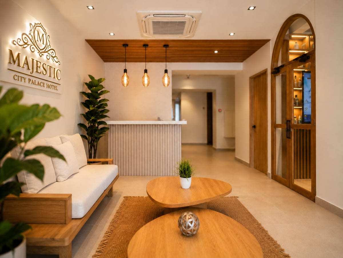 The reception desk with three filament pendants above it, the gold hotel crest on the wall, a lounge sofa and an arched timber door