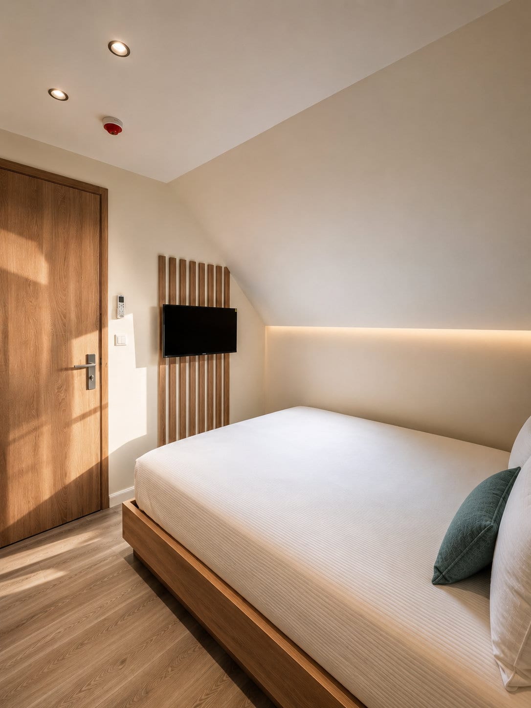 Late afternoon light falling across the oak entrance door and the slatted timber headboard wall of the loft