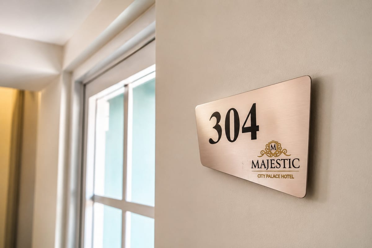 A brushed brass door plate numbered 304 with the Majestic City Palace crest, on the wall beside a top floor window