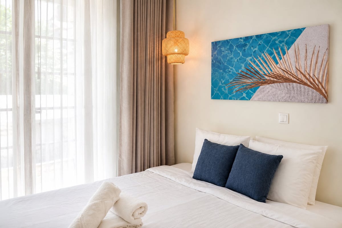 The head of the queen bed with navy cushions, a painted canvas and a rattan pendant beside the curtained window