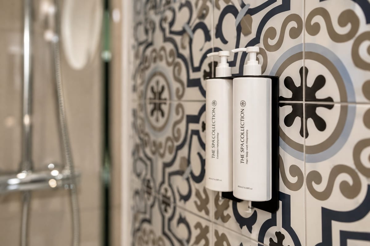 A wall of majolica in the Queen Loft shower, cobalt, sand and black pattern on cream, with two white amenity bottles and the chrome shower column beside them