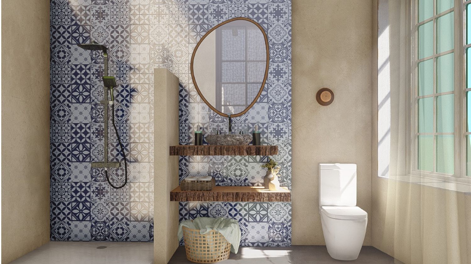 City Palace bathroom — blue and white majolica patterned tile wall, organic oval mirror and floating raw wood vanity with stone vessel sink