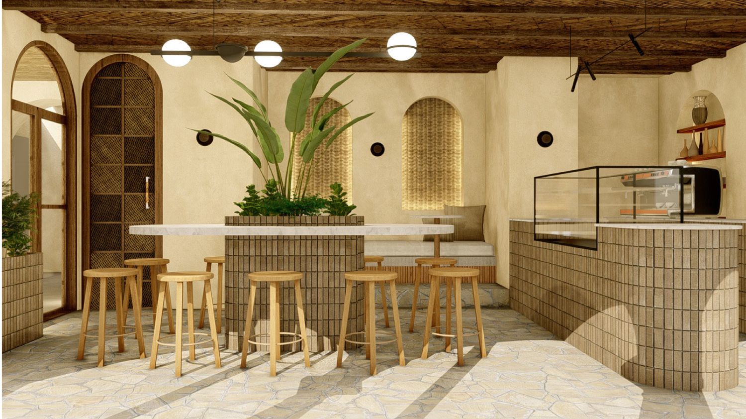 Van Gogh café bar — earthy tiled counter, oak communal stools, arched plaster niches and tropical plants under wood beams