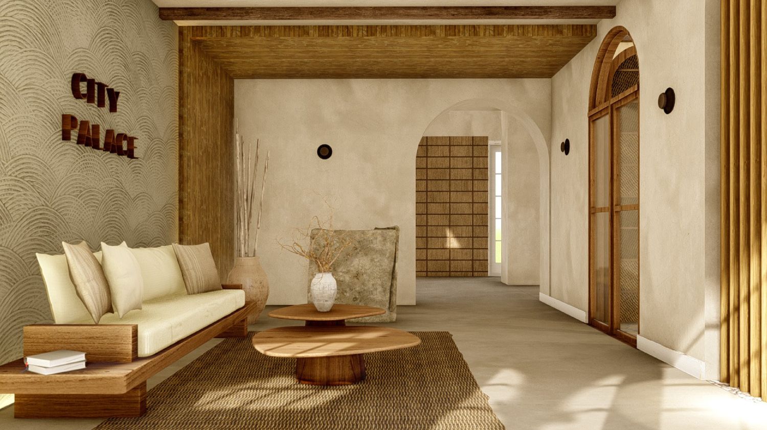 Lobby of Majestic City Palace — terracotta CITY PALACE lettering on scalloped plaster, low cream sofa, woven jute rug and reed bundle
