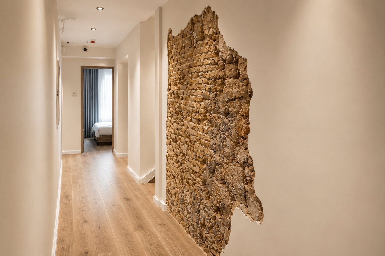 A corridor at Majestic City Palace with original exposed coral-stone walls from the 1892 building