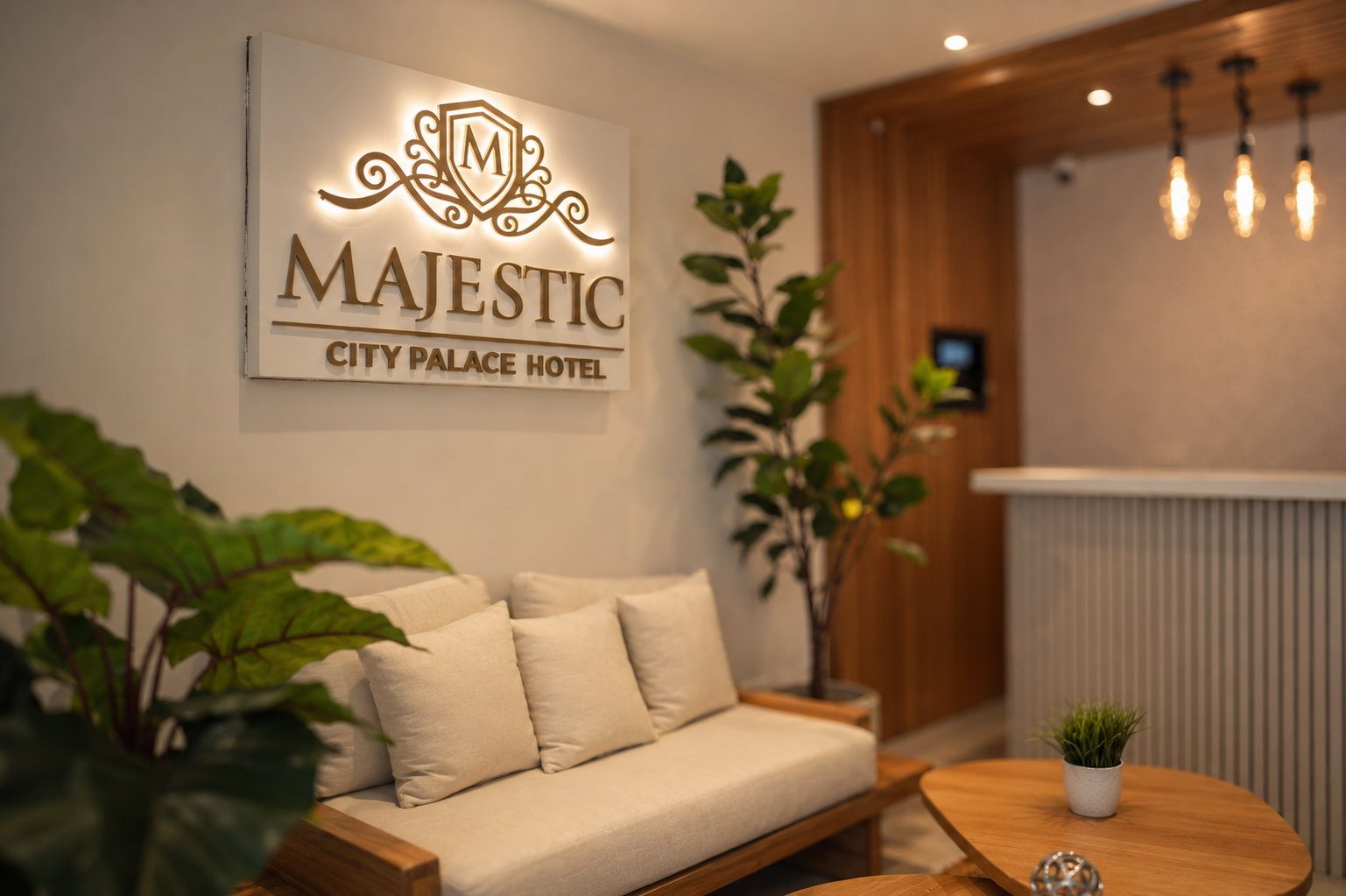 Lobby of Majestic City Palace Hotel in Willemstad, Curaçao, with the illuminated gold crest above a cream sofa, oak tables and tropical plants