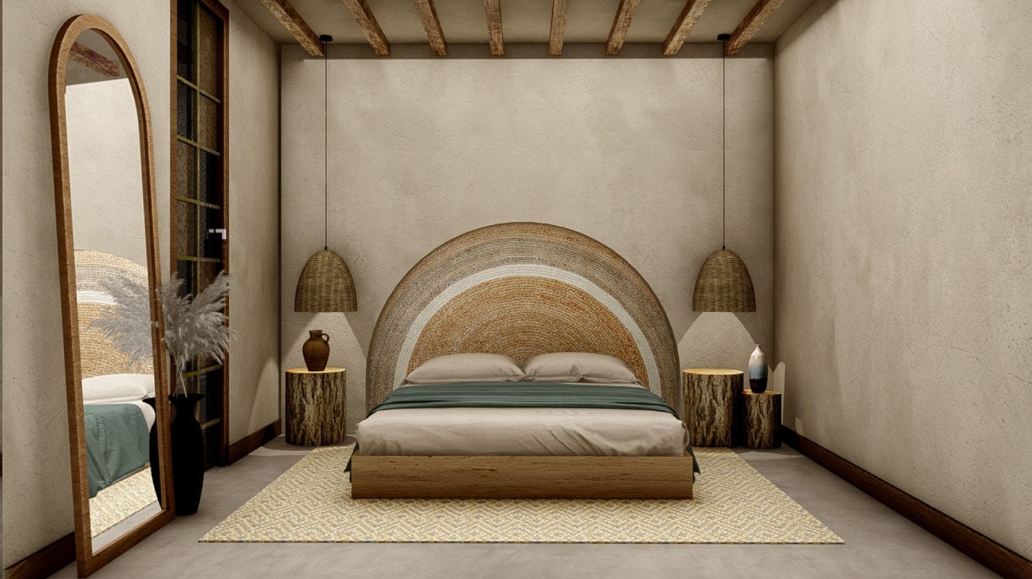 City Palace suite — large semicircular woven rattan headboard, sage and oatmeal linen, raw log nightstands, rattan pendant lights and an arched standing mirror