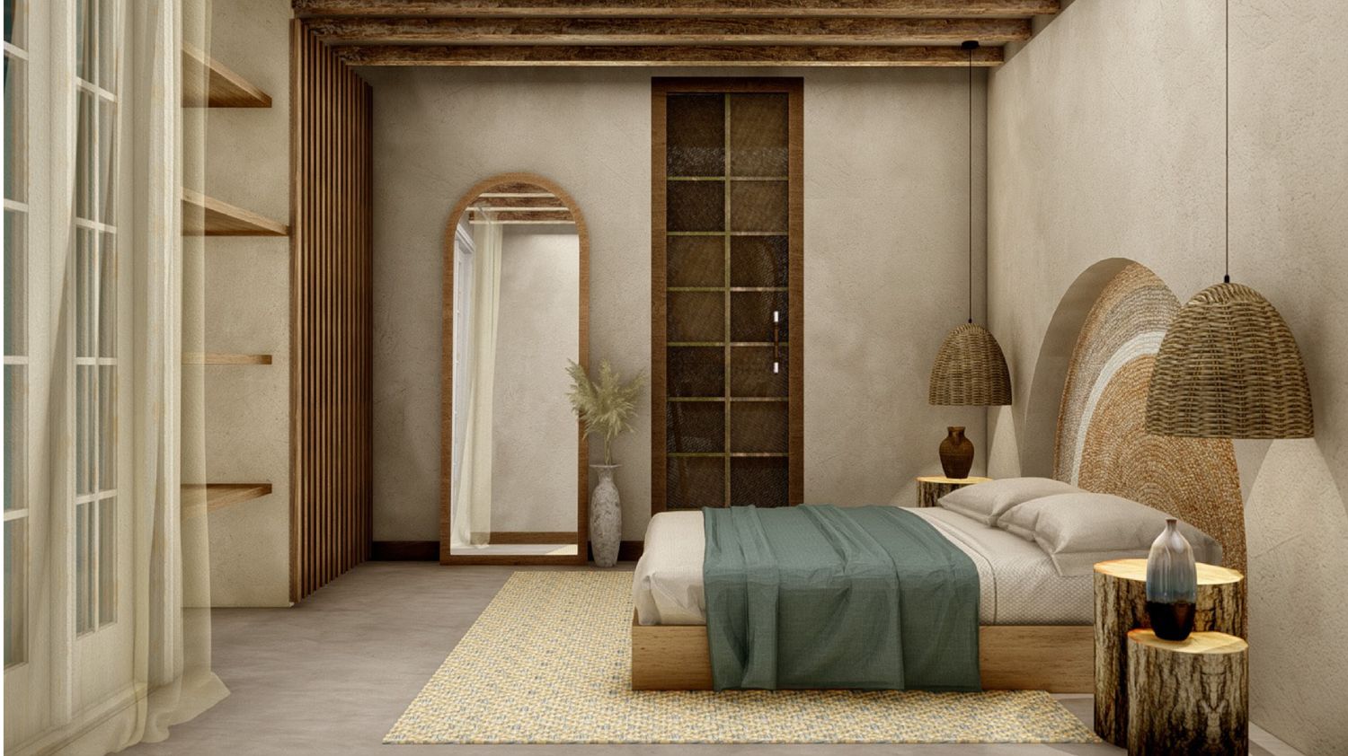 City Palace loft — floating oak wall shelves, arched doorway with sheer linen drape, sage throw and rattan pendants in lime-washed plaster