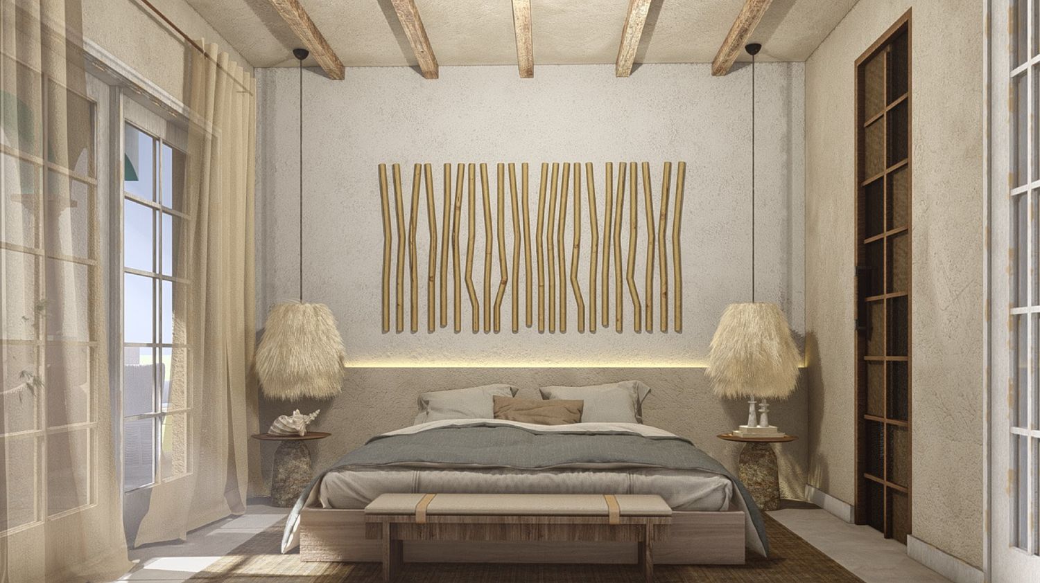 A Signature Balcony room at City Palace — sculptural reed wall-art above the bed, woven raffia lamps, sheer linen at the balcony doors and the soaring beamed ceiling over Punda's main street